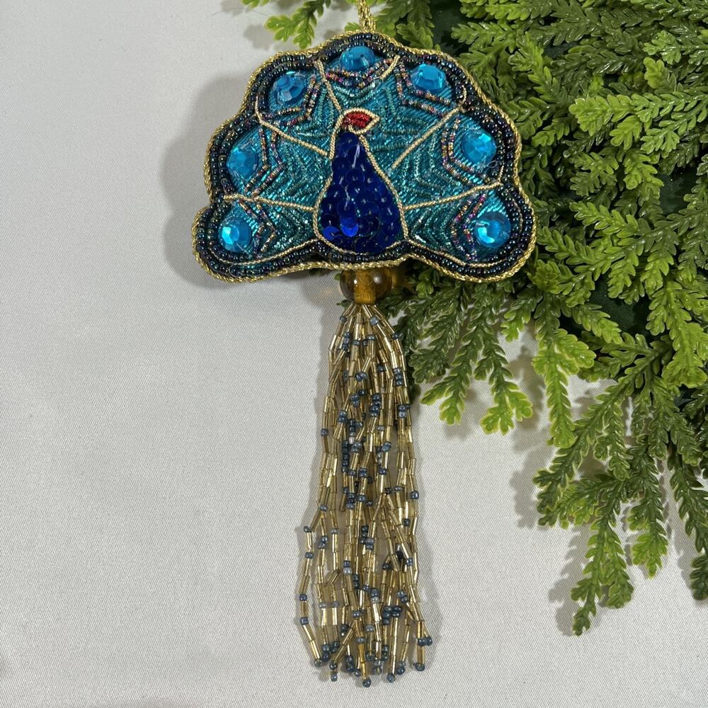 World Market Global Art Deco Beaded Sequin Peacock Christmas Ornament Hanging